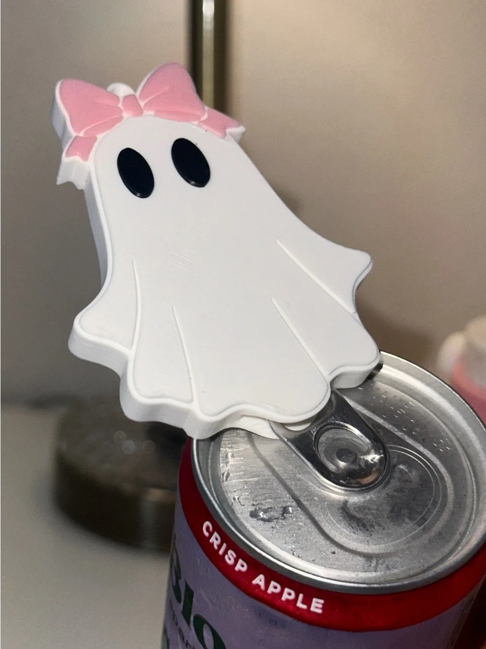 White Ghost with pink bow can opener keychain
